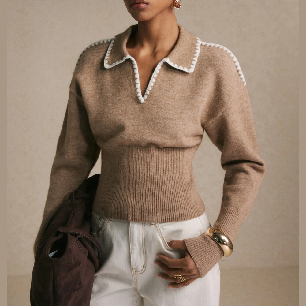 Tan Contrast Stitch Collared Ribbed Knit Sweater